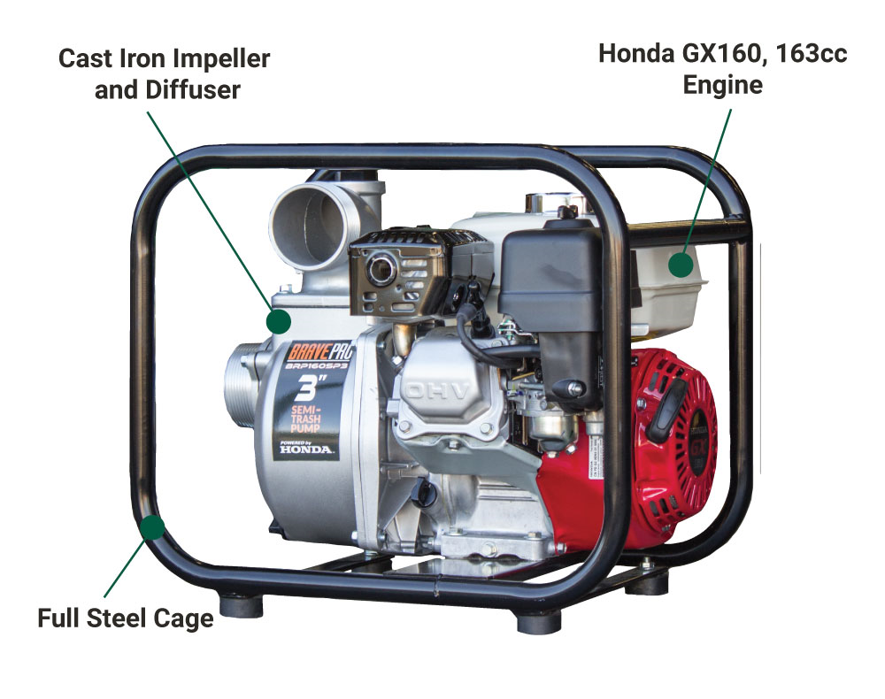 Brave Semi Trash Pump 3" with Honda GX160 Engine 259 GPM 3/8" Solids Capacity BRP160SP3 New