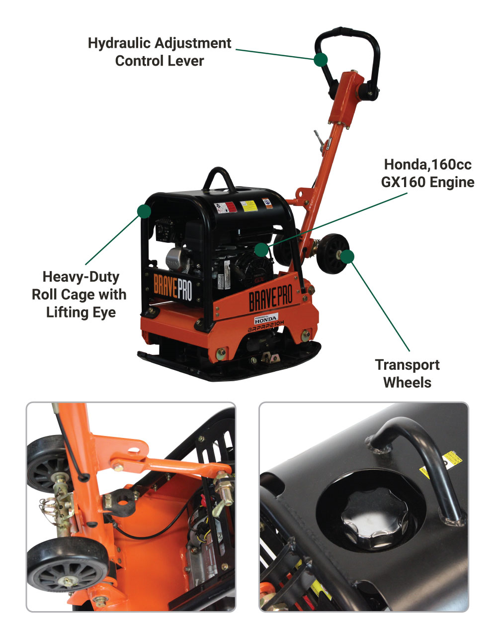 Brave Reversible Plate Compactor 23" x 15" with Honda GX160 Engine 5.5 HP 5400 VPM Compaction Force of 4496 lbs BRPRP210H New