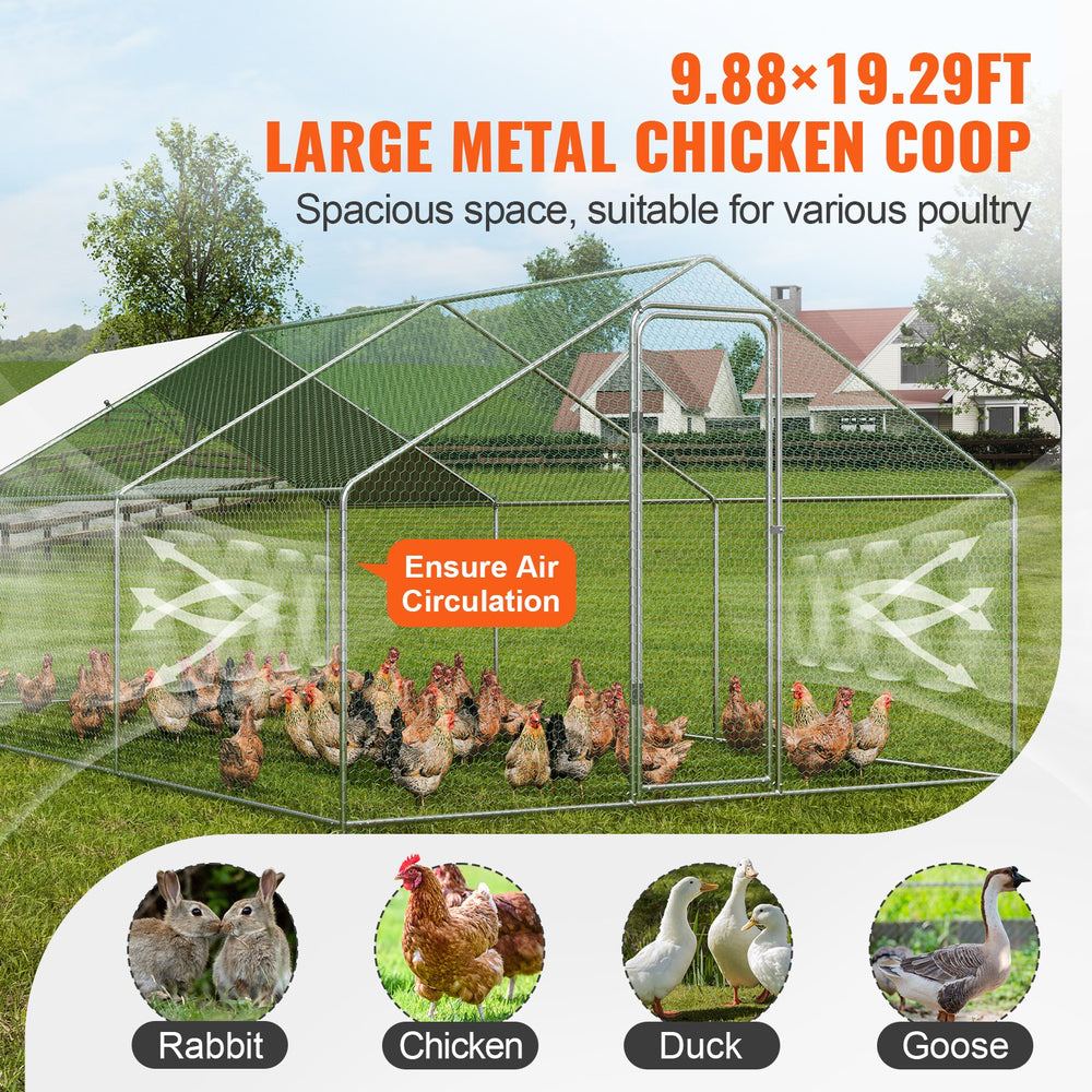 Vevor Large Metal Chicken Coop 9.8' x 19.3' x 6.5' Spire Walk In Run Waterproof Cover New