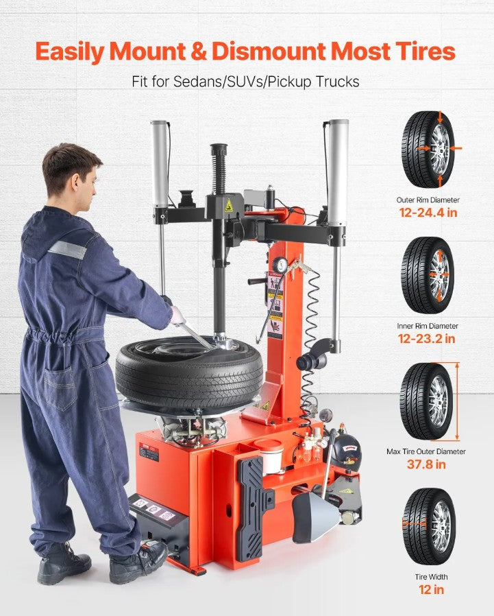 Vevor Tire Changer Machine 1.5HP with Pneumatic Assist Arm 12"-24.4" Rim Capacity New
