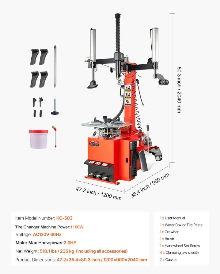 Vevor Tire Changer Machine 1.5HP with Pneumatic Assist Arm 12"-24.4" Rim Capacity New