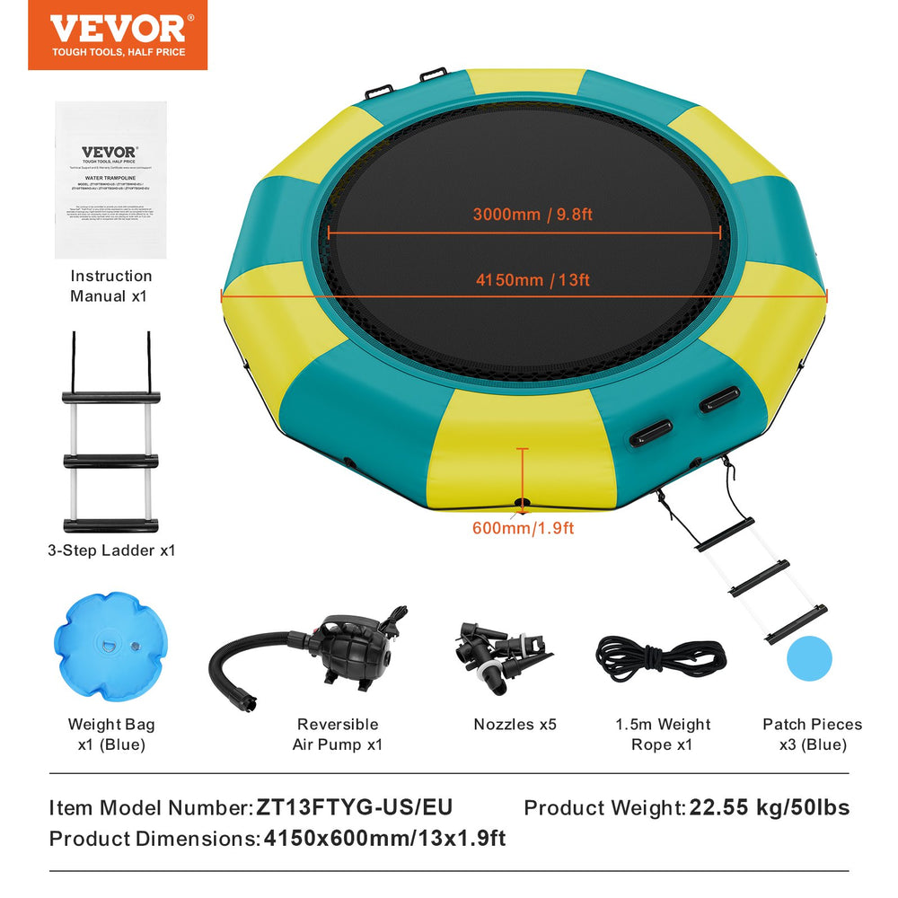 Vevor Inflatable Water Trampoline 13' Portable Swim Platform Bouncer with 3-Step Ladder New