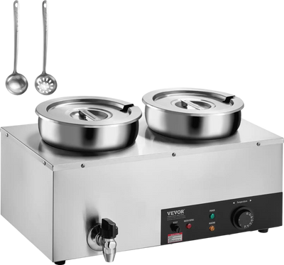 Vevor Electric Soup Warmer 2 Pots 7.4 Qt Stainless Steel 1200W Bain Marie with Adjustable Temp 86~185°F New