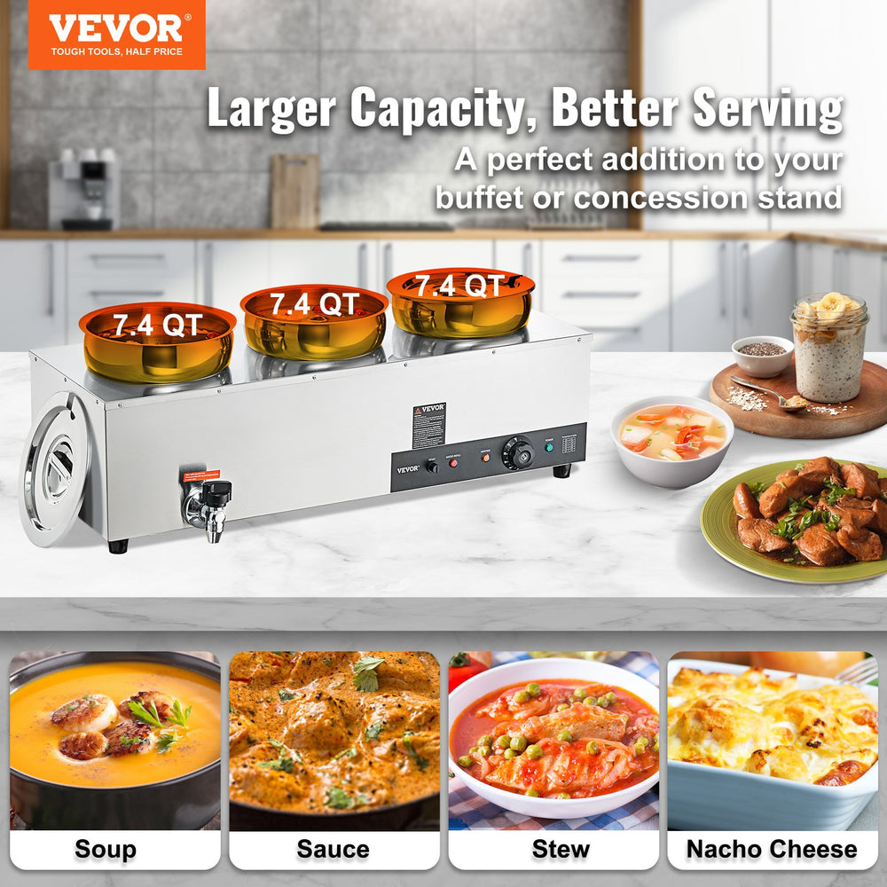 Vevor Electric Soup Warmer 3 Pot 7.4 Qt. with Lids 1200W Commercial Bain Marie with Anti-Dry Burn Stainless Steel New