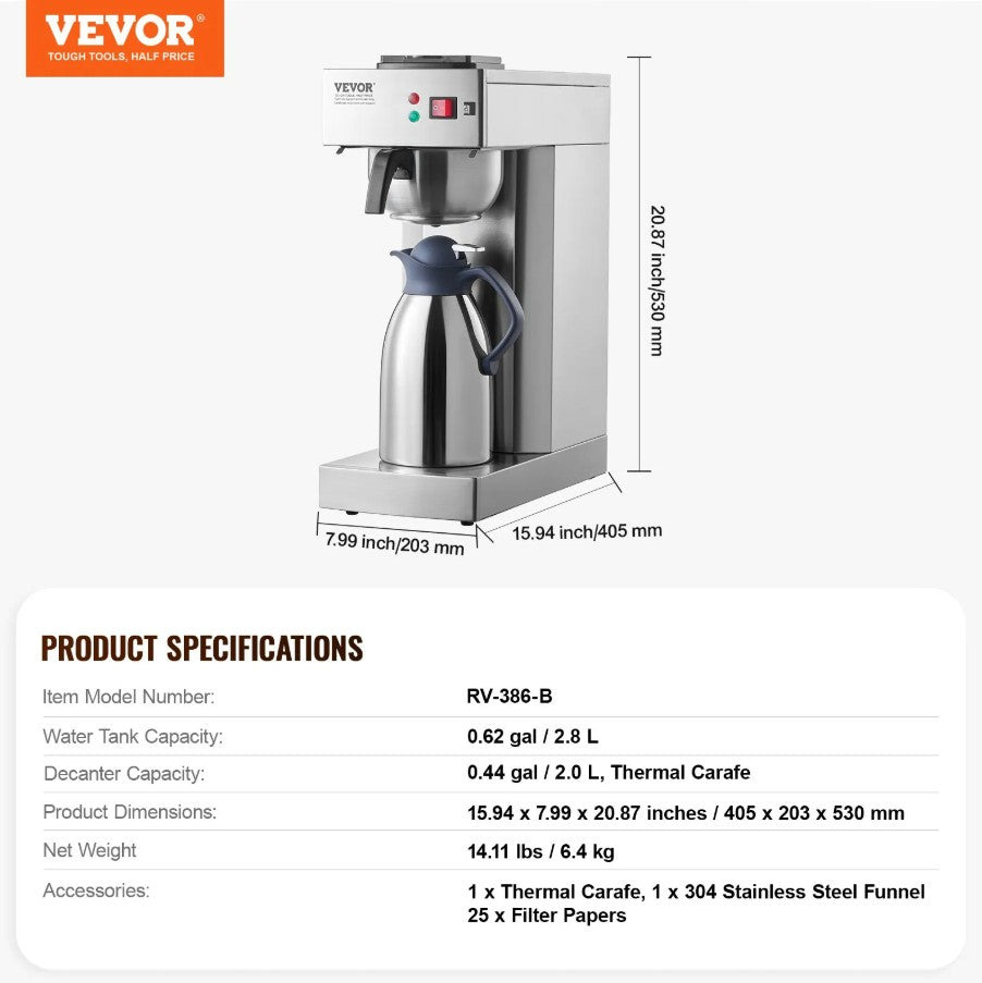 Vevor 12-Cup Commercial Drip Coffee Maker with Thermal Carafe New