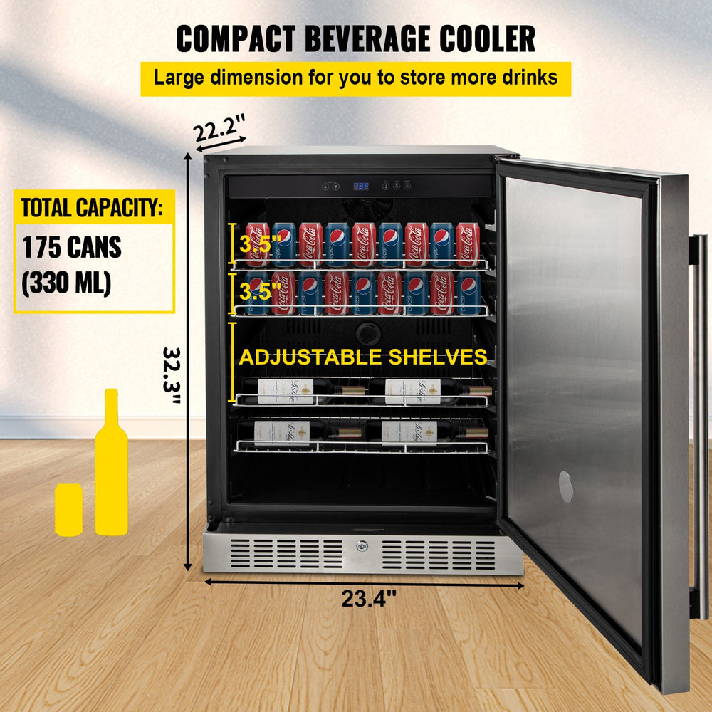 Vevor Beverage Cooler 5.3 Cu. Ft. Stainless Steel Built-In with Embraco Compressor 142 Cans for Indoor Outdoor Use New