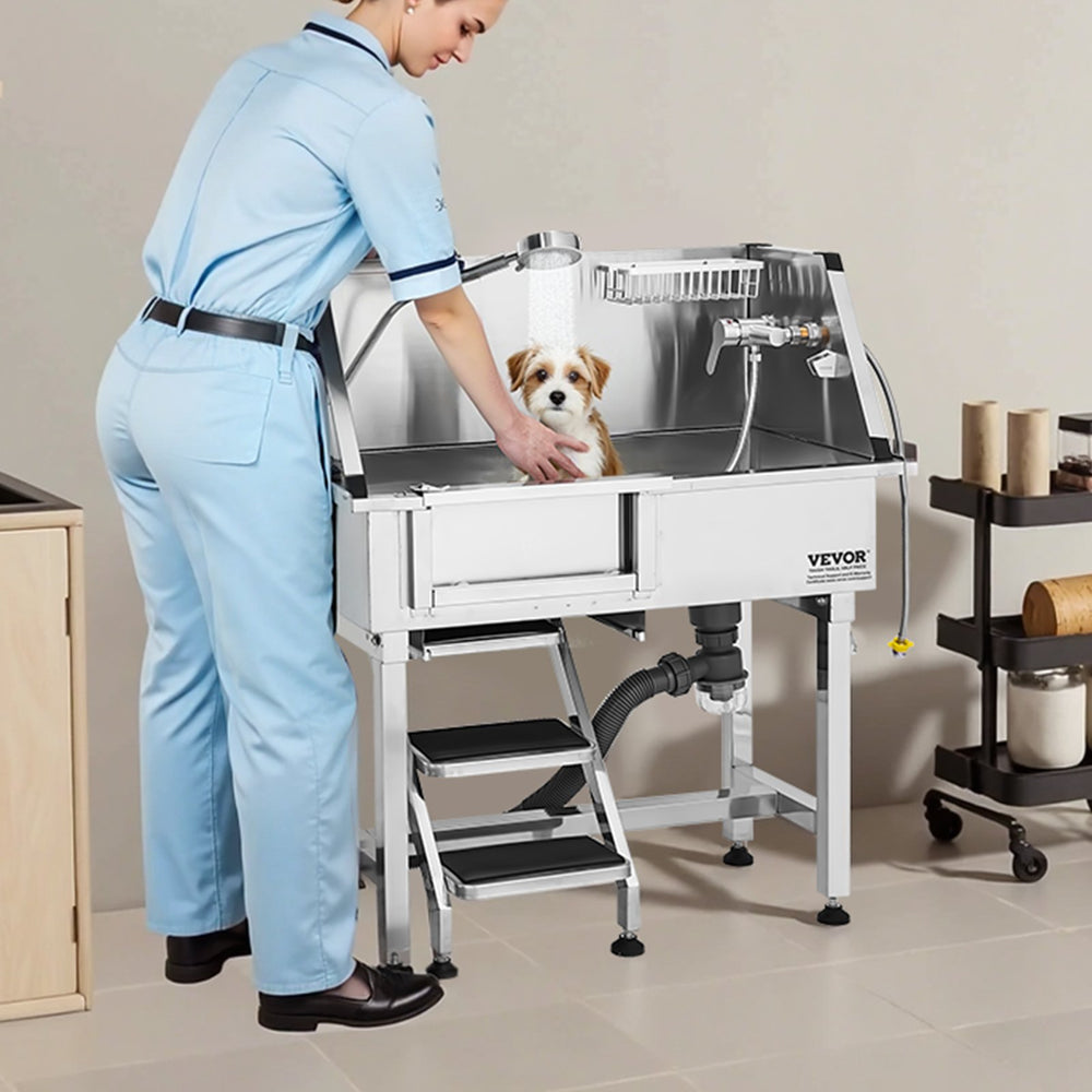 Vevor Dog Grooming Tub 34" Stainless Steel Anti-Slip Stairs Dual-Control Faucet New