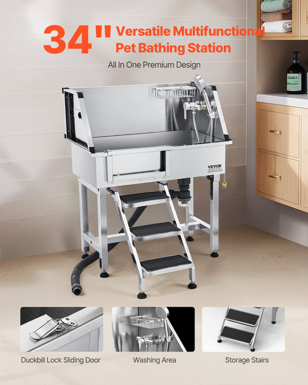 Vevor Dog Grooming Tub 34" Stainless Steel Anti-Slip Stairs Dual-Control Faucet New