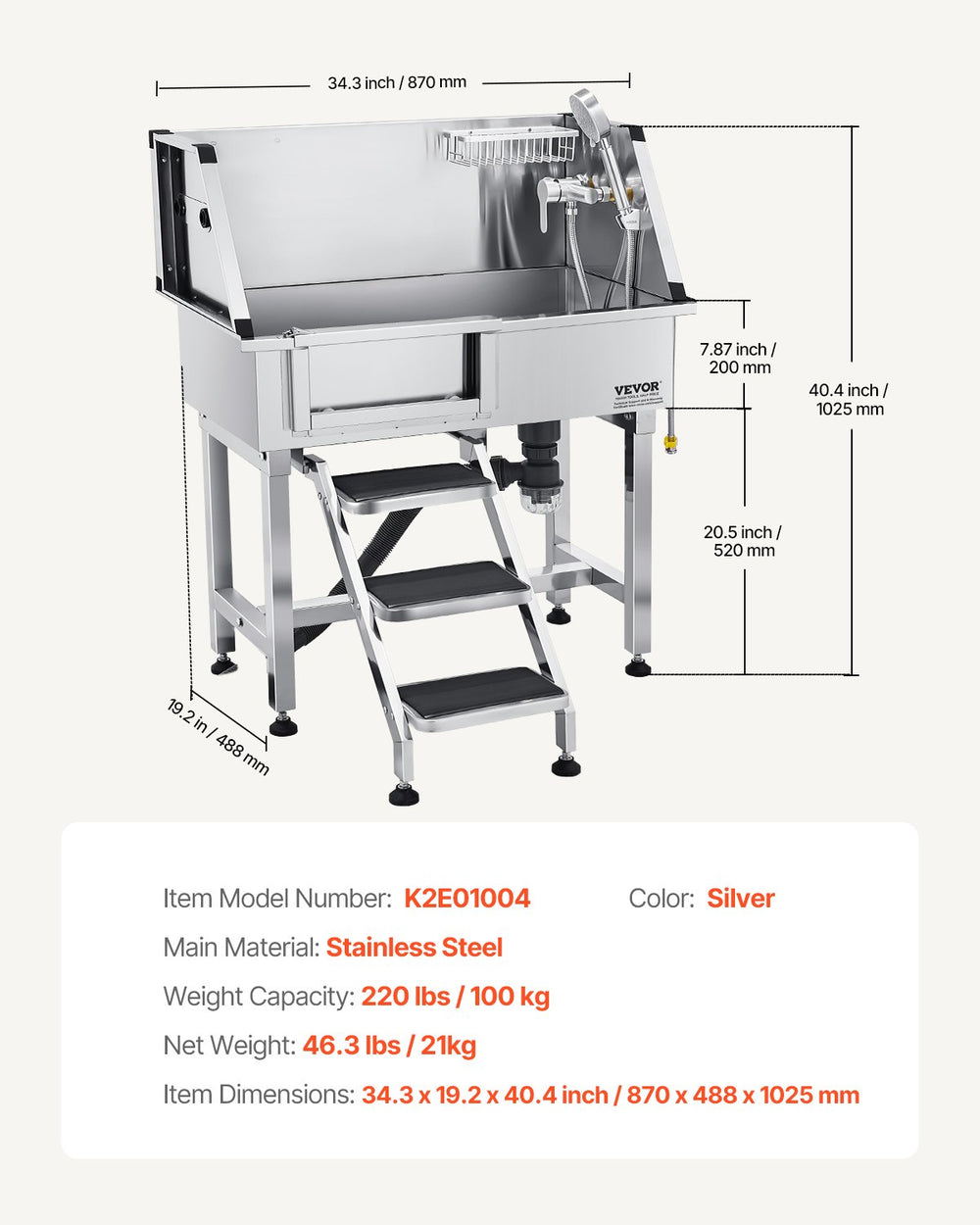 Vevor Dog Grooming Tub 34" Stainless Steel Anti-Slip Stairs Dual-Control Faucet New