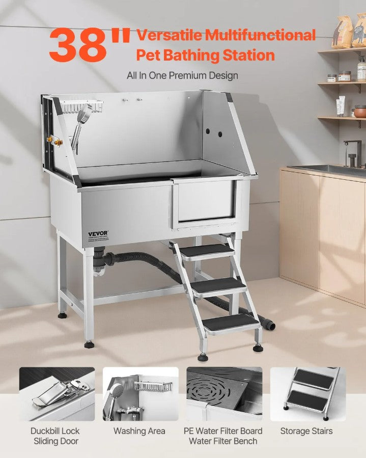Vevor Dog Grooming Tub 38" Stainless Steel Anti-Slip Stairs Showerhead Leak-Proof New