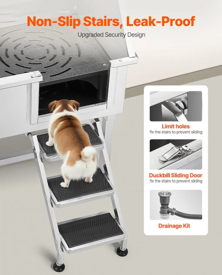 Vevor Dog Grooming Tub 38" Stainless Steel Anti-Slip Stairs Showerhead Leak-Proof New