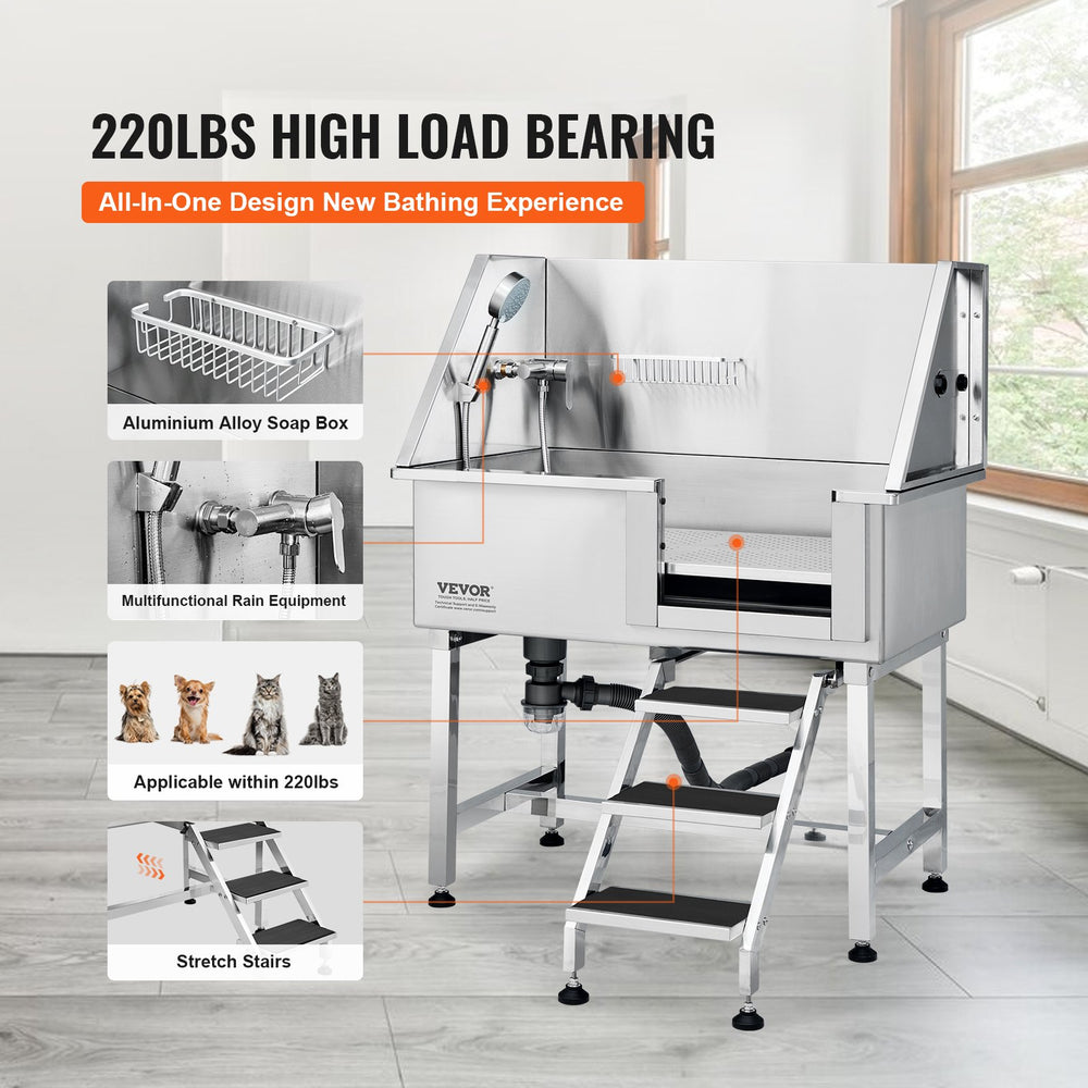 Vevor 38" Dog Grooming Tub Stainless Steel 220 Lbs. Capacity with Right Door and Stairs New