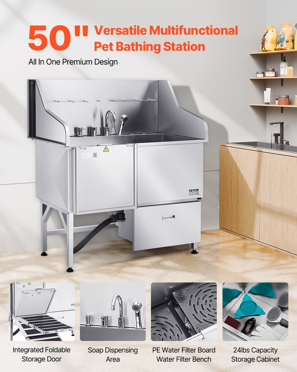 Vevor Dog Grooming Tub 50" Stainless Steel with Ramp and Faucet New