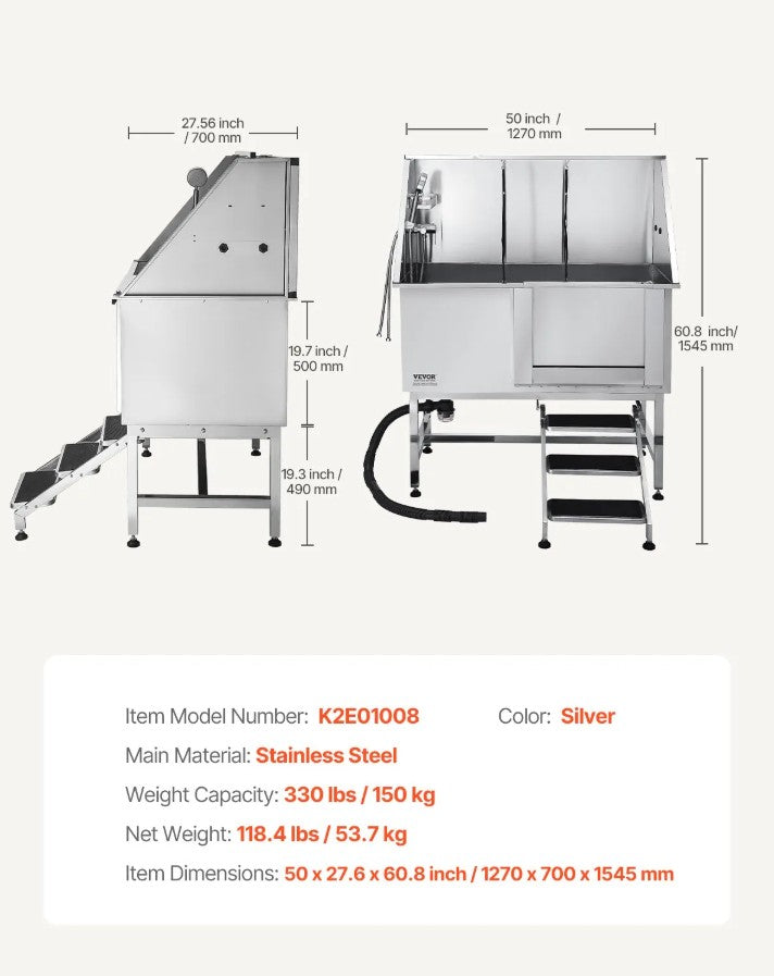 Vevor Dog Grooming Tub 50" Stainless Steel with Anti-Slip Stairs and Dual-Control Faucet New