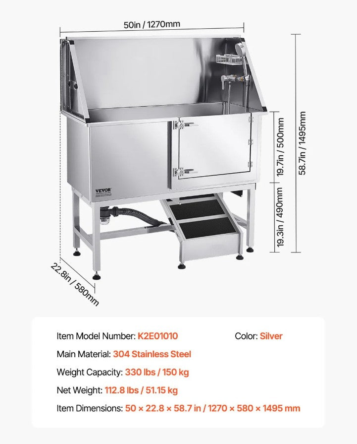 Vevor Dog Grooming Tub 50" Stainless Steel with Anti-Slip Ramp and Dual-Control Faucet New