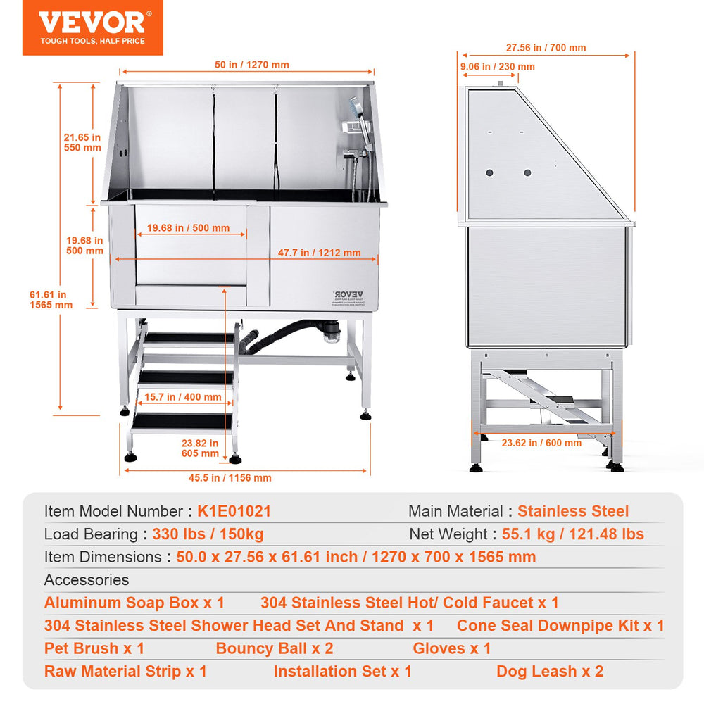 Vevor 50" Dog Grooming Tub Stainless Steel 330 Lbs. Capacity with Left Door and Stairs New