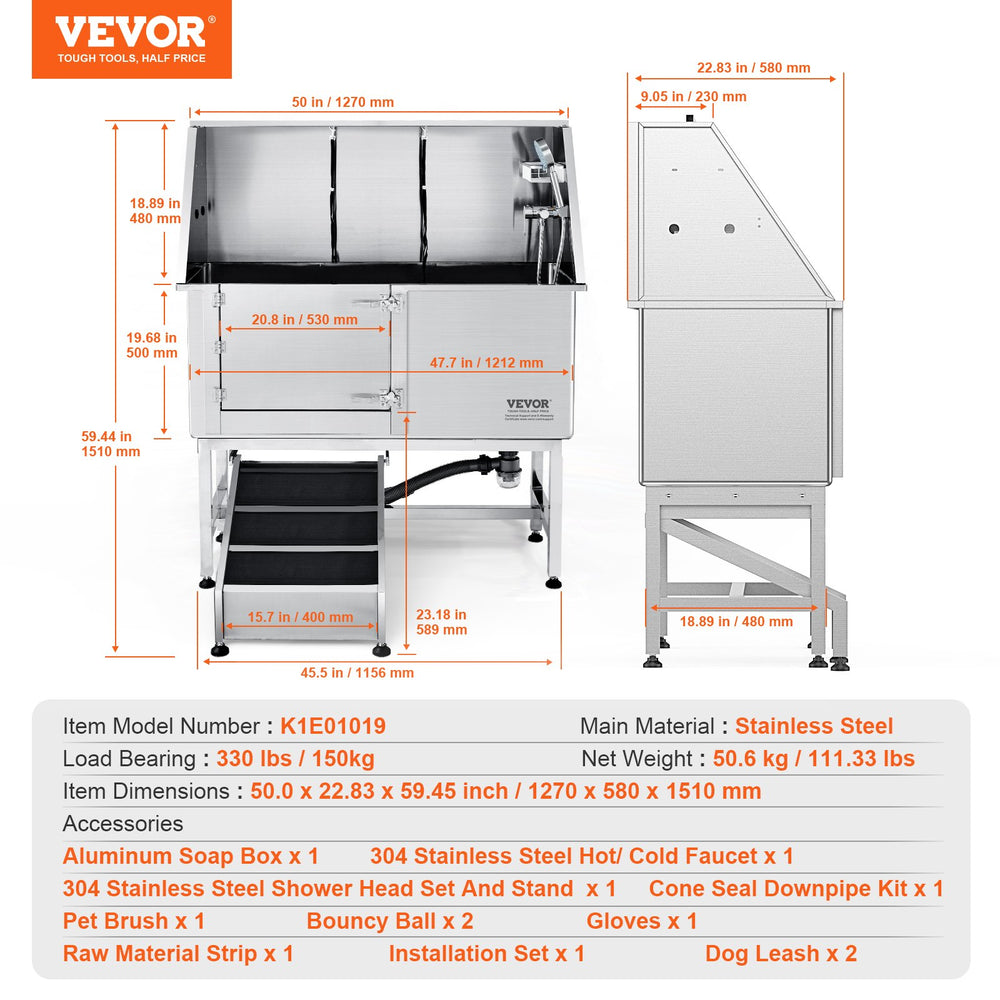 Vevor 50" Dog Grooming Tub Stainless Steel 330 Lbs. Capacity with Left Door and Ramp New