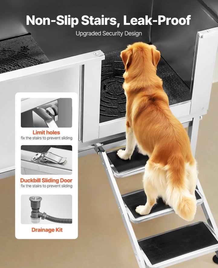 Vevor Dog Grooming Tub 62" Stainless Steel Anti-Slip Stairs Showerhead Leak-Proof New