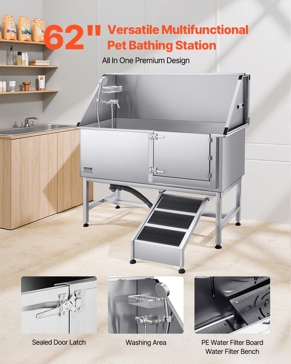 Vevor Dog Grooming Tub 62" Stainless Steel Anti-Slip Ramp Showerhead Leak-Proof New
