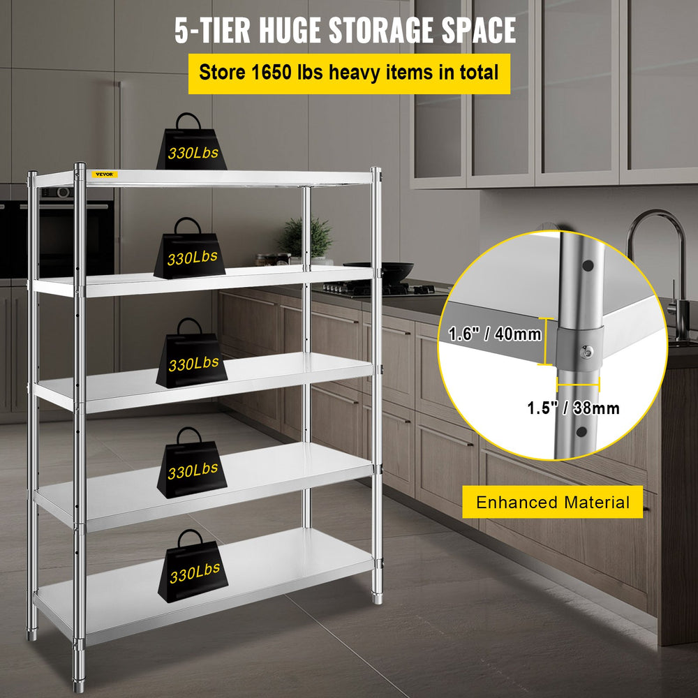 Vevor 5-Tier Storage Shelf 47.5" x 18" x 72" Stainless Steel 1650 Lbs. Capacity Adjustable Height New