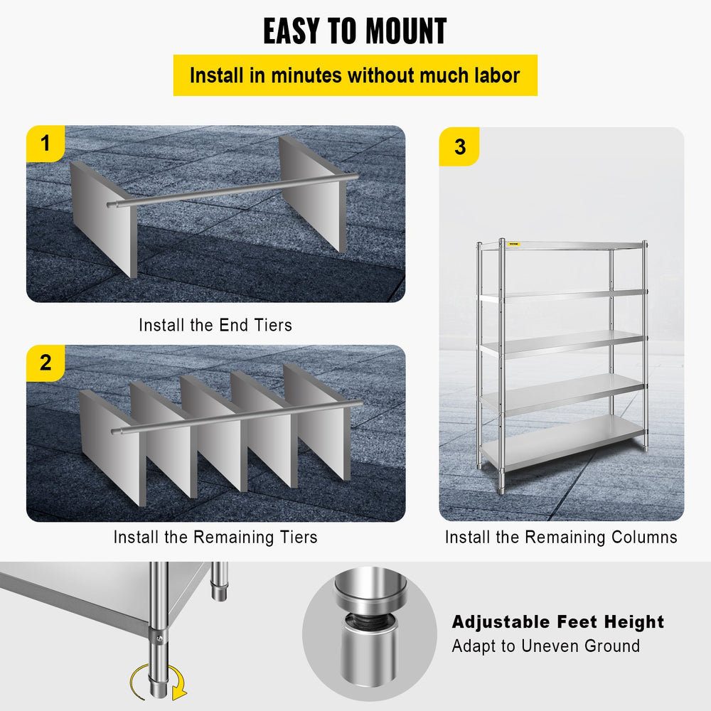 Vevor 5-Tier Storage Shelf 47.5" x 18" x 72" Stainless Steel 1650 Lbs. Capacity Adjustable Height New