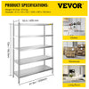 Vevor 5-Tier Storage Shelf 47.5" x 18" x 72" Stainless Steel 1650 Lbs. Capacity Adjustable Height New