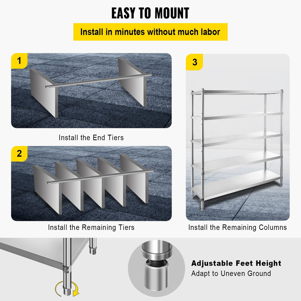 Vevor 5-Tier Storage Shelf 60" x 18.5" x 72" Stainless Steel 1650 Lbs. Capacity Adjustable Height New