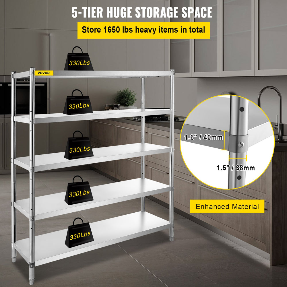 Vevor 5-Tier Storage Shelf 70.9" x 17.7" x 70.9" Stainless Steel 1650 Lbs. Capacity Adjustable Height New