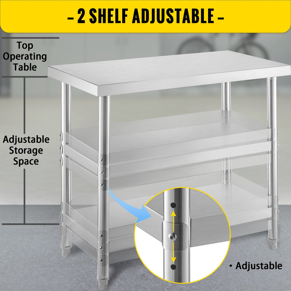 Vevor Outdoor Prep Table 48" x 17.7" x 33.7" Commercial Stainless Steel with 2 Adjustable Undershelf New