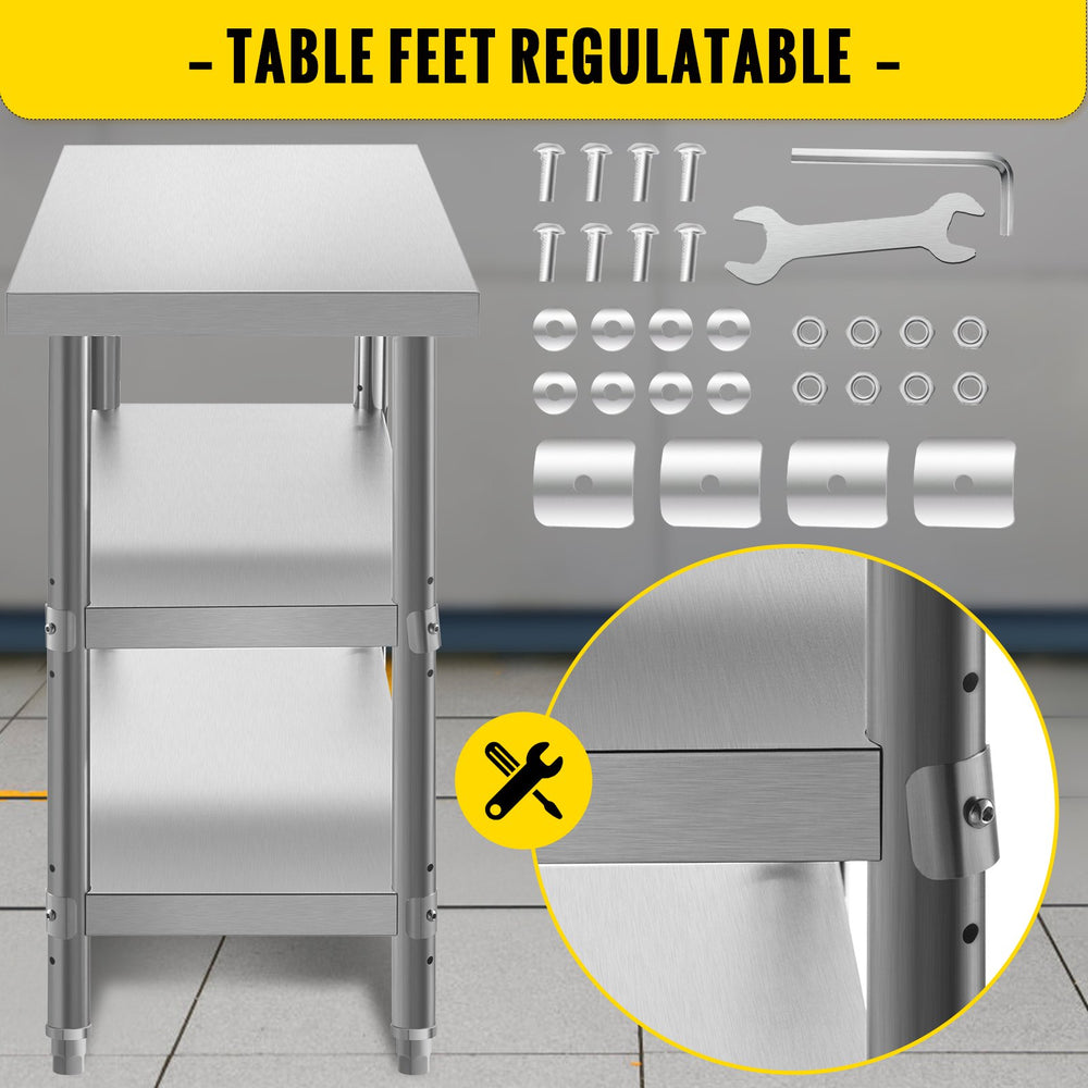 Vevor Outdoor Prep Table 59.8" x 17.7" x 33.7" Commercial Stainless Steel with 2 Adjustable Undershelf New