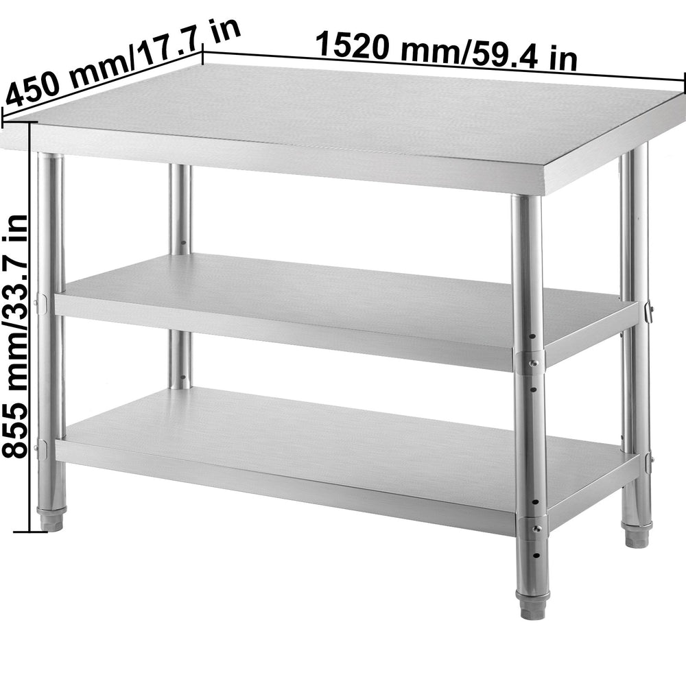 Vevor Outdoor Prep Table 59.8" x 17.7" x 33.7" Commercial Stainless Steel with 2 Adjustable Undershelf New