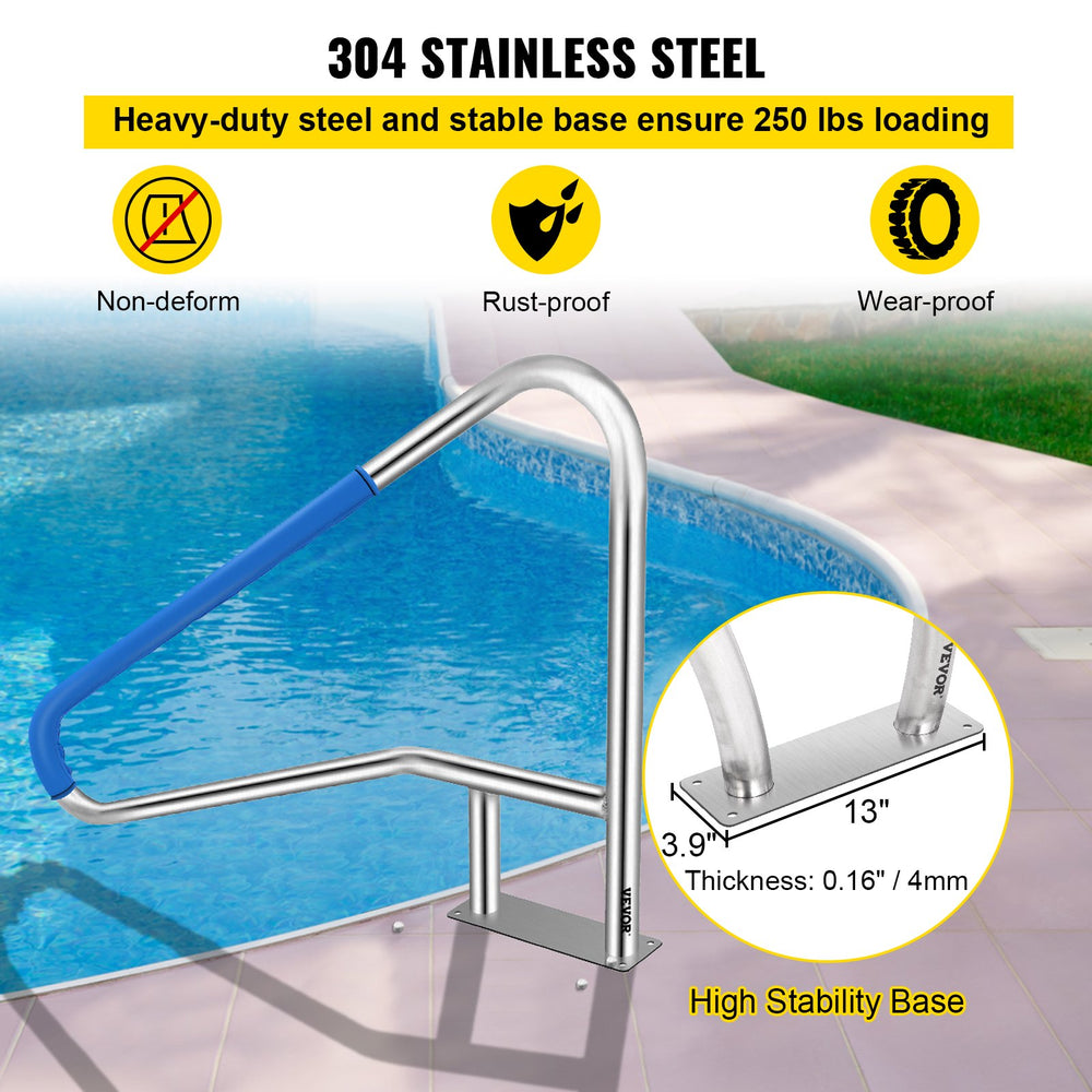 Vevor Pool Rail 55" x 32" Rustproof Handrail 250 Lbs Capacity with Blue Nylon Grip Cover New