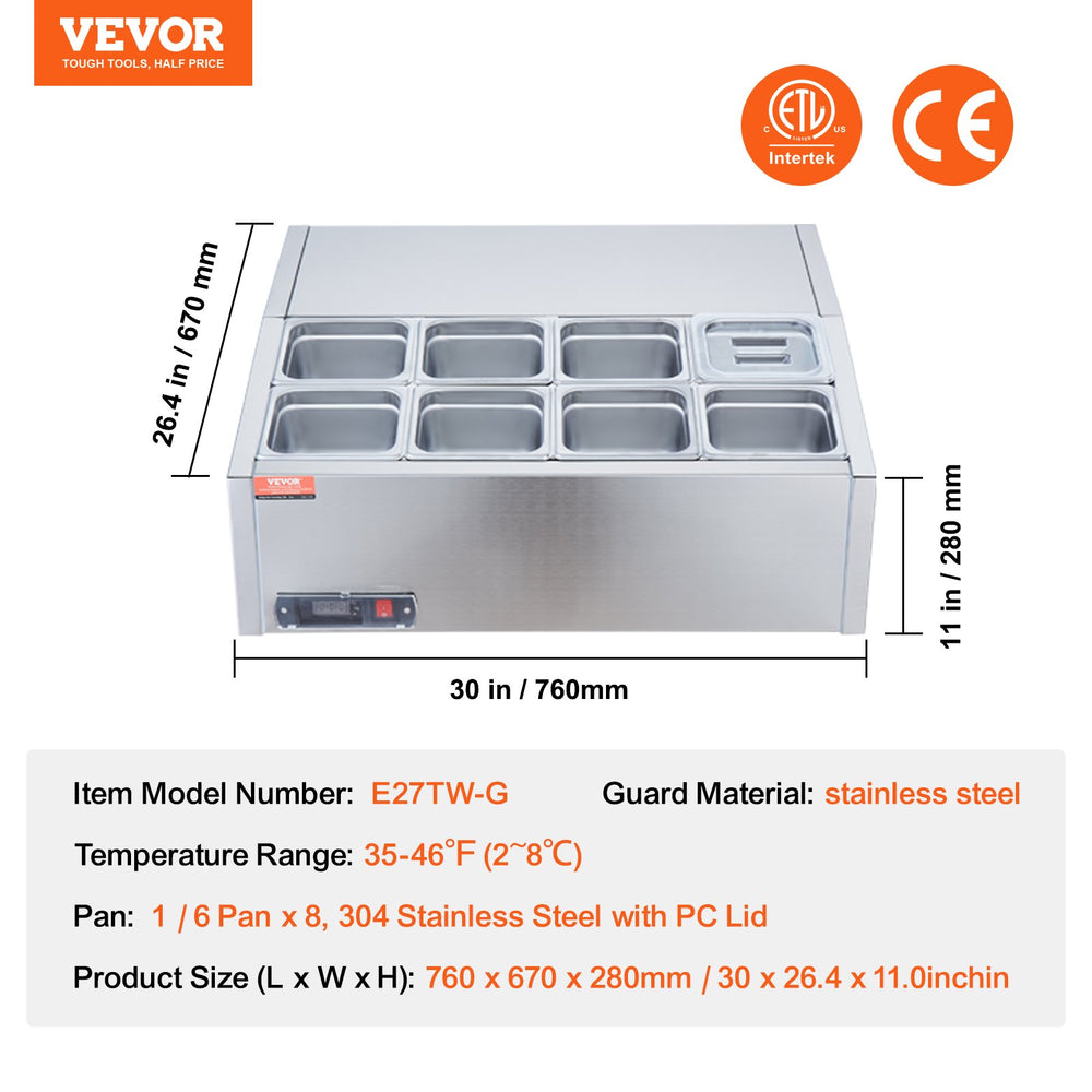 Vevor Refrigerated Condiment Prep Station 30" with Removable Cover 140W 8 1/6 Pans ETL Certified New