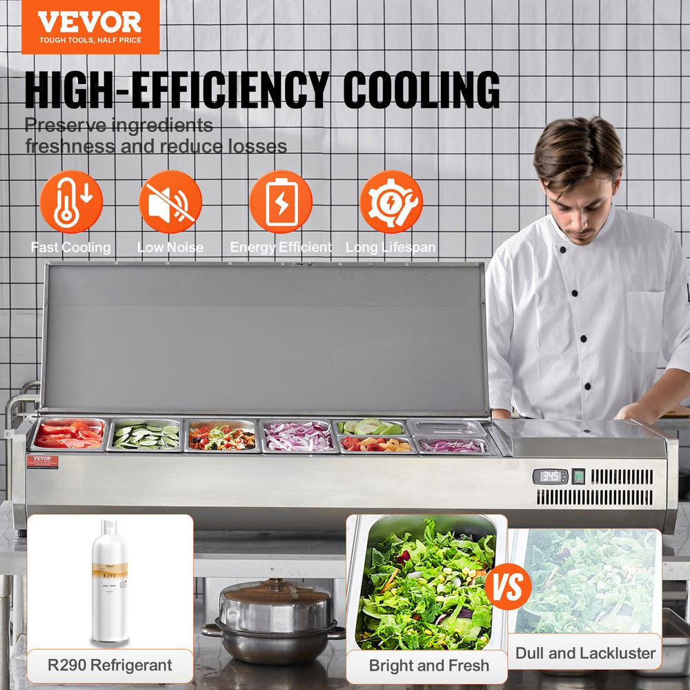 Vevor Refrigerated Condiment Prep Station 58.2" with Removable Lid 150W Stainless Steel New