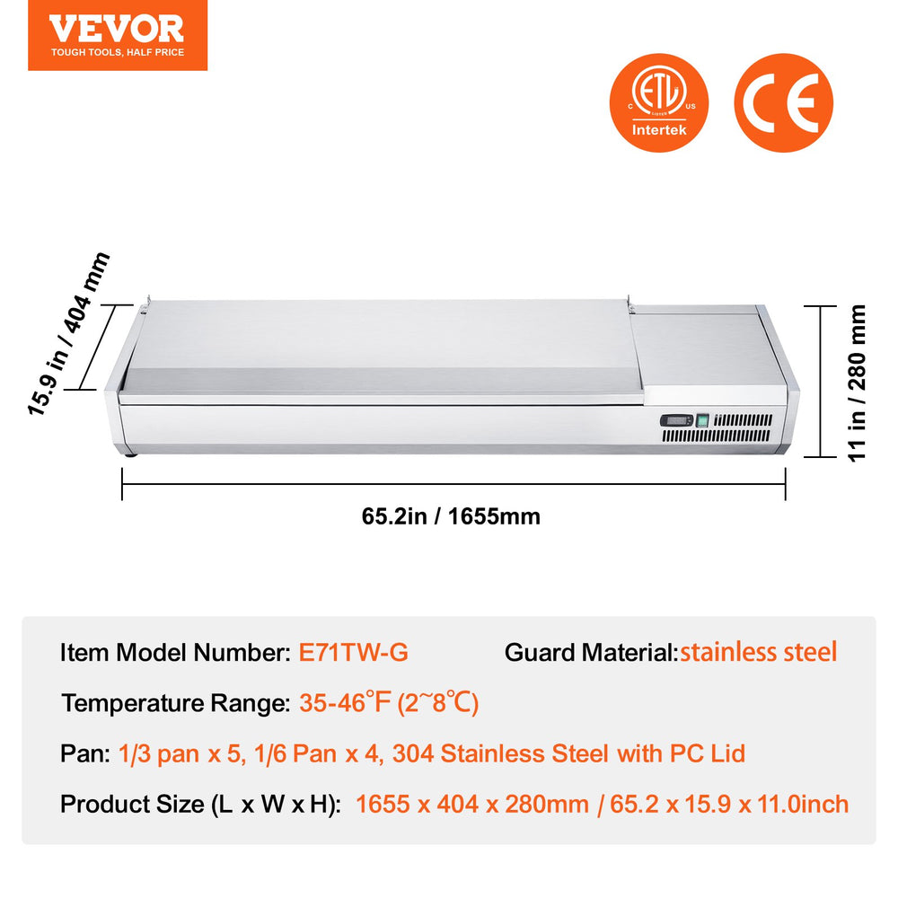 Vevor Refrigerated Condiment Prep Station 65.2" with Removable Lid 160W Stainless Steel New