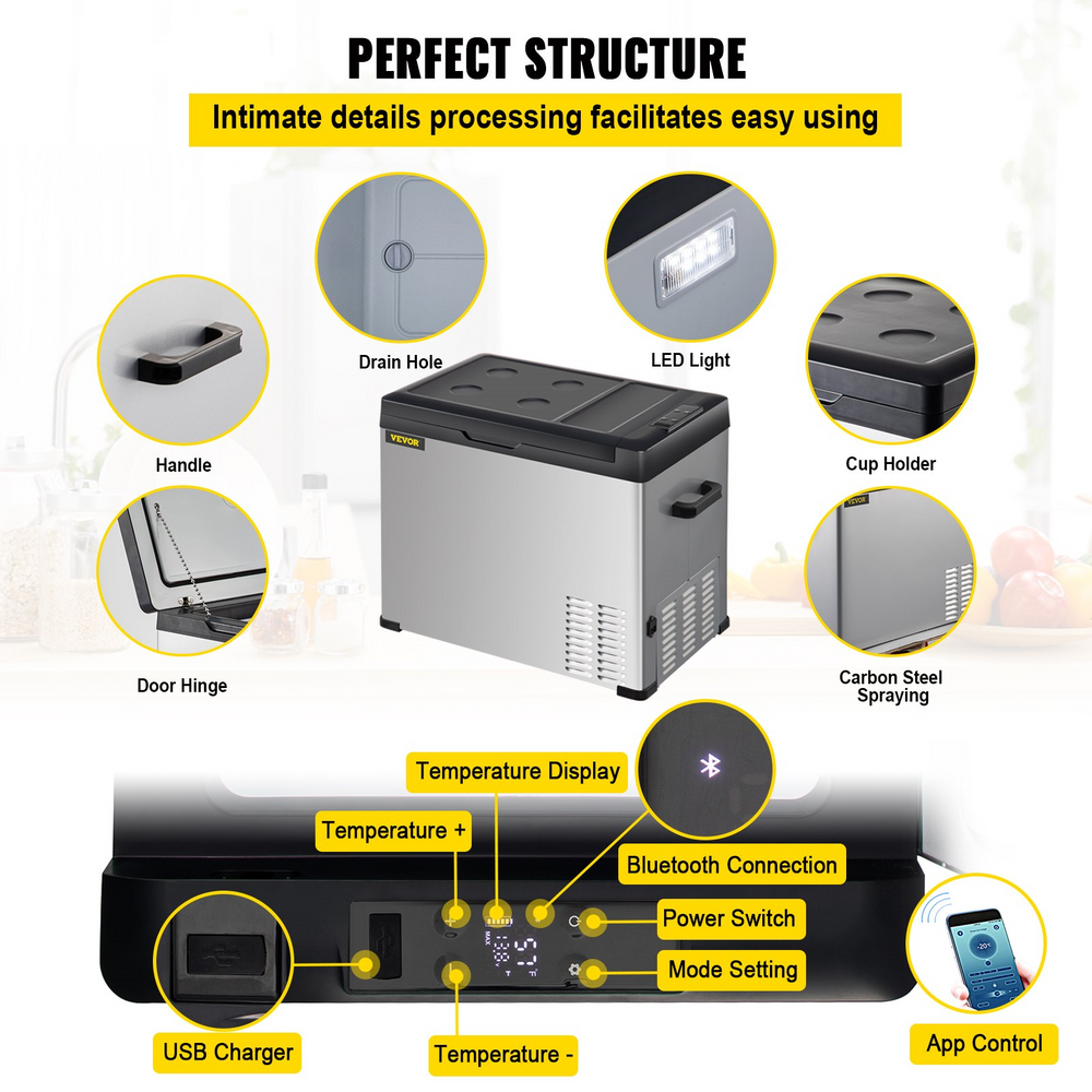 Vevor C30 Portable Compressor Refrigerator 32 Quart 12V/24V DC And 110-220V AC With App Control New