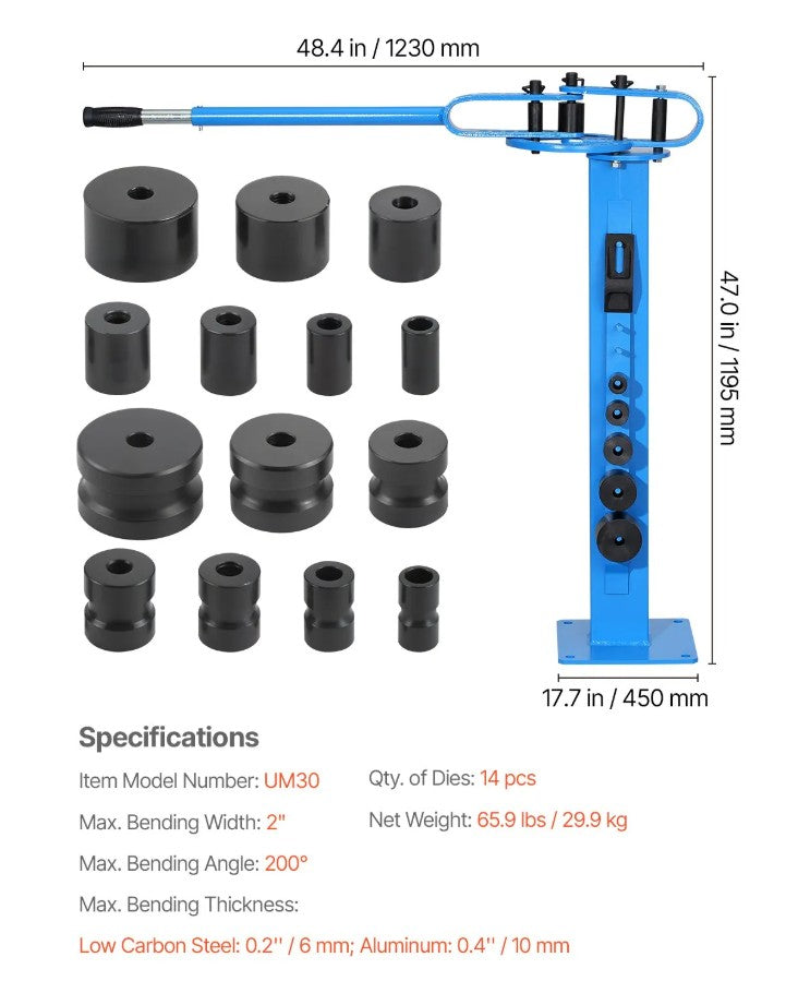Vevor Manual Pipe Bender 200° Max Bending Angle Heavy-Duty Non-Slip Rubber Grip with 14 Dies New