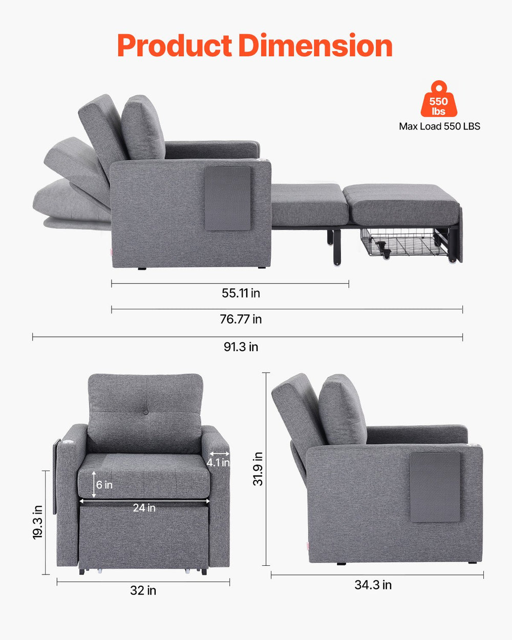 Vevor Sleeper Sofa Bed Convertible Pull Out Chair 5-Position Recliner with Storage and Desk Board New