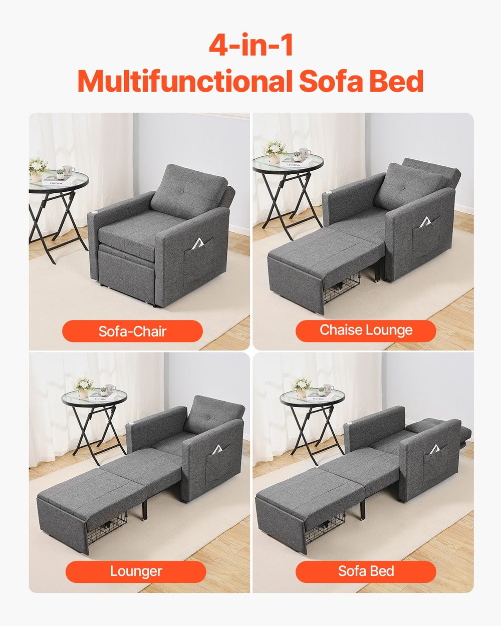 Vevor Sleeper Sofa Bed Convertible Pull Out Chair 5-Position Recliner with Storage and Desk Board New