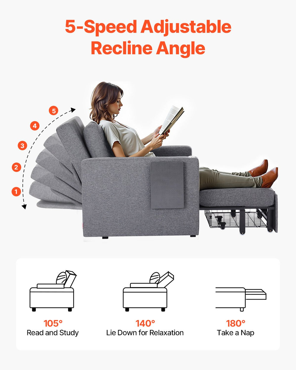 Vevor Sleeper Sofa Bed Convertible Pull Out Chair 5-Position Recliner with Storage and Desk Board New