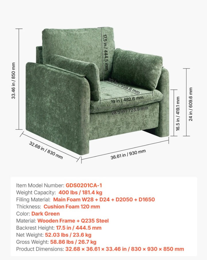 Vevor Modern Green Accent Chair Upholstered Armchair with Arched Back and Cushion New