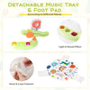 Detachable music tray and foot pad of a yellow baby activity center with interactive toys and hook and loop fasteners.