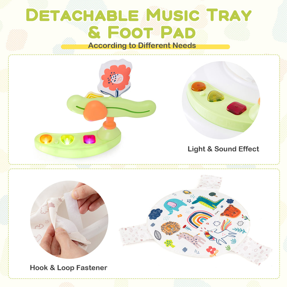 Detachable music tray and foot pad of a yellow baby activity center with interactive toys and hook and loop fasteners.