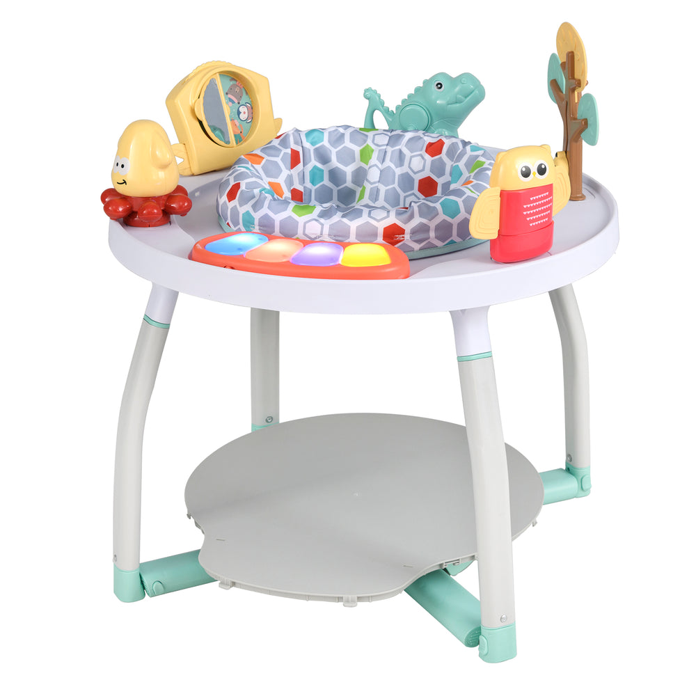 5-in-1 baby activity center with removable toys, adjustable height, and 360° rotatable seat for interactive play.