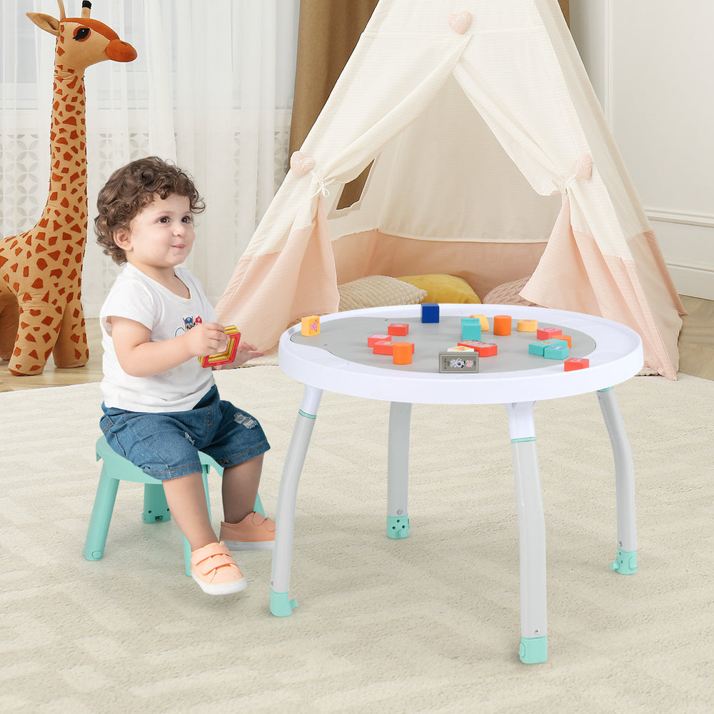 Child seated at a play table of the 5-in-1 baby activity center, featuring colorful toys and adjustable height for.