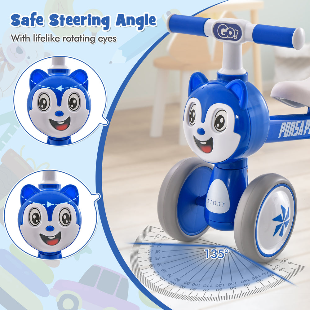 Blue baby balance bike with 4 wheels, featuring a safe steering angle and lifelike rotating eyes for stable riding.