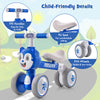 Baby balance bike in blue with TPE handles, PU seat, and EVA wheels for stability and comfort during rides.