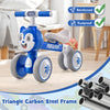 Blue baby balance bike with a triangle carbon steel frame, non-toxic materials, and noiseless EVA wheels for safe.