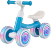 Baby balance bike in blue with adjustable seat and handlebars, featuring glowing wheels for indoor and outdoor fun.