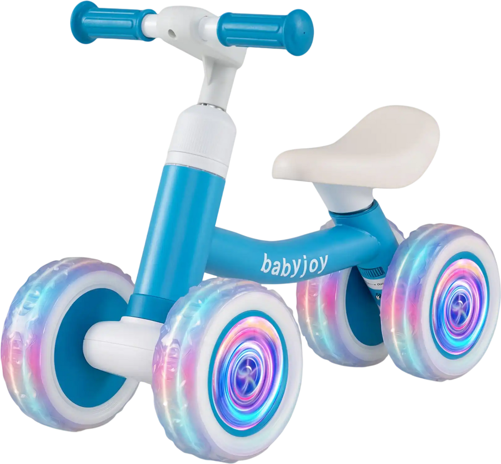 Baby balance bike in blue with adjustable seat and handlebars, featuring glowing wheels for indoor and outdoor fun.